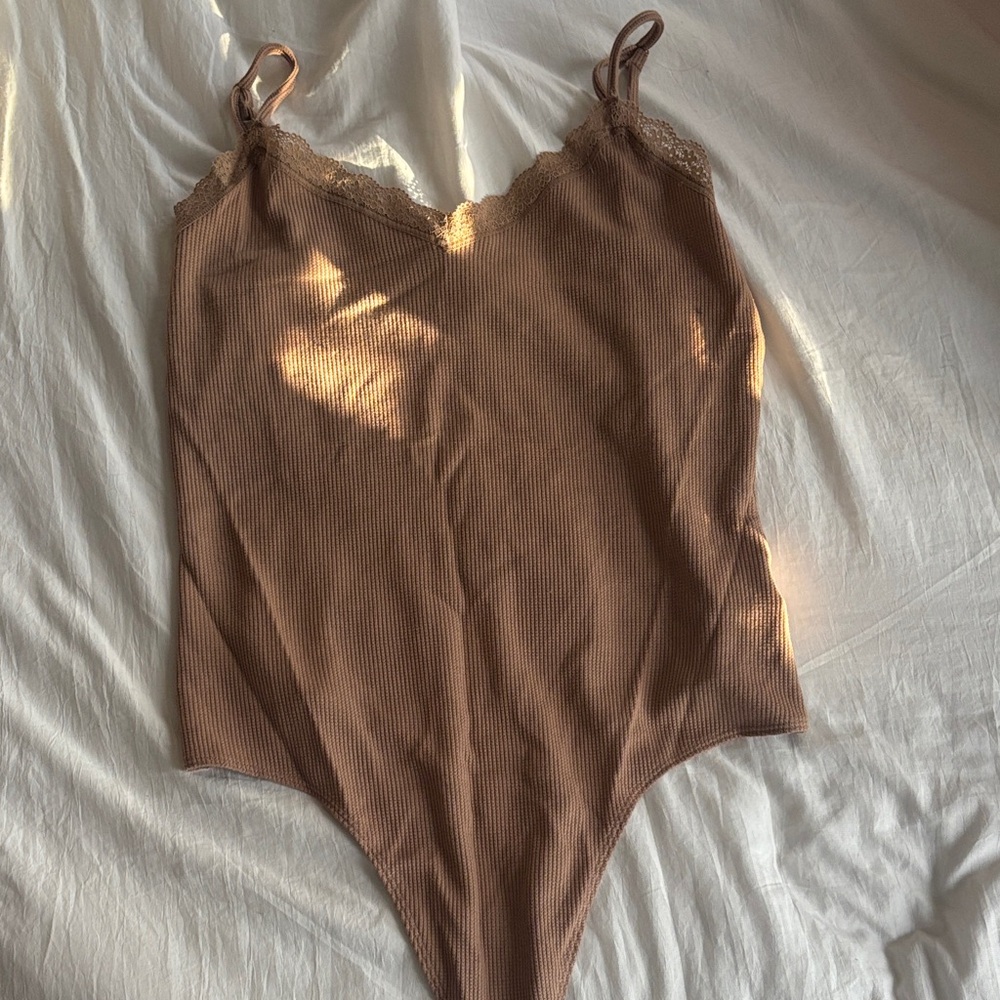 American Eagle Outfitters Ribbed Lace-Trim Bodysuit - Tan